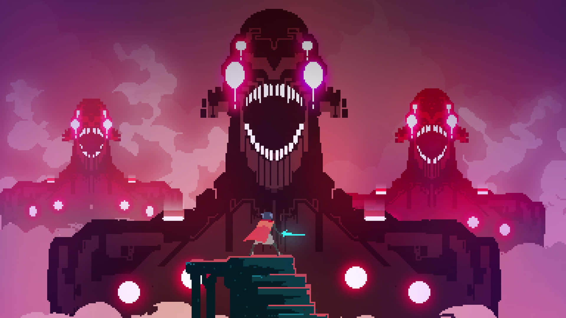 pink pixel art, pixel-art warrior, glowing pink monstrous statues, Full HD Desktop Wallpaper
