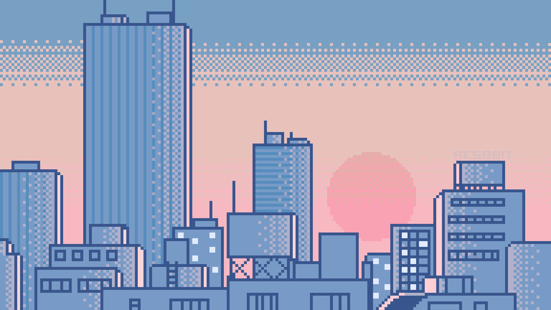Pink Pixel Art, pixel-art city skyline, sunset, Full HD Desktop Wallpaper