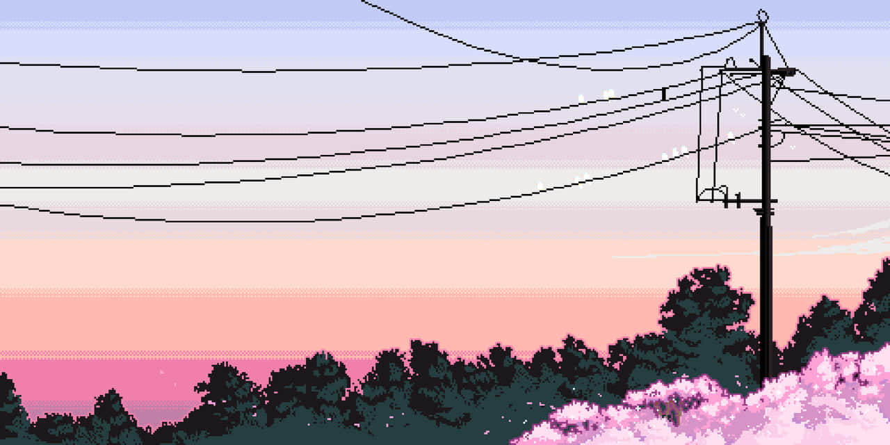 pink pixel art, pixel art sunset, pink cherry blossoms, HD Desktop Wallpaper