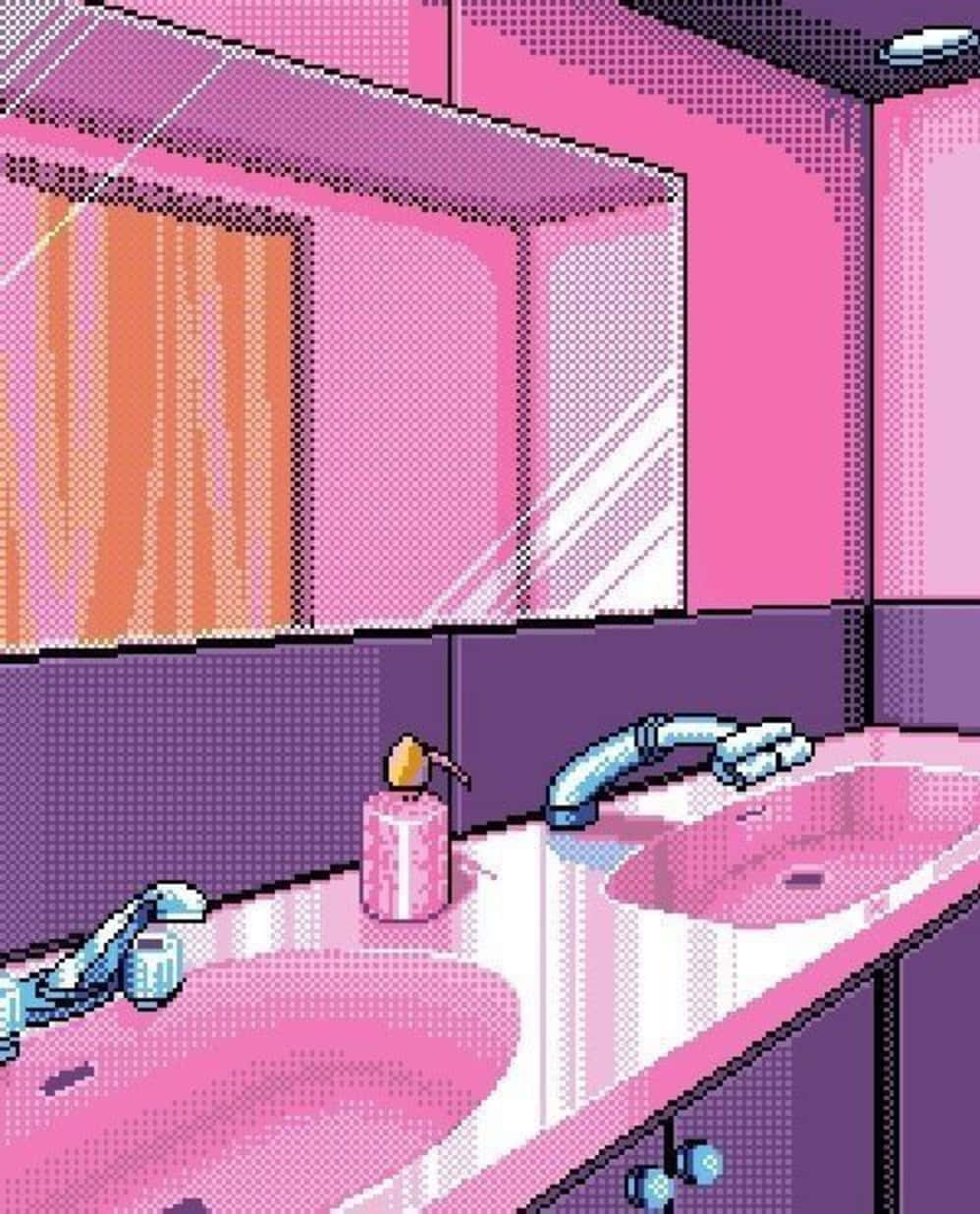 pink sinks, purple walls, mirror reflecting orange curtains, SD Phone Wallpaper