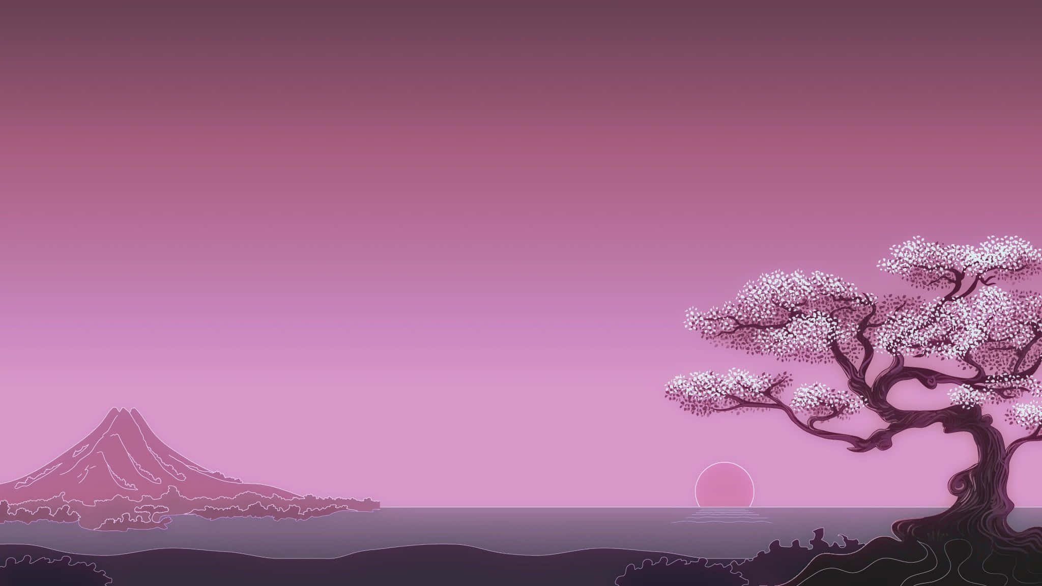 pink-hued landscape, cherry blossom tree, calm sea, Full HD Desktop Wallpaper
