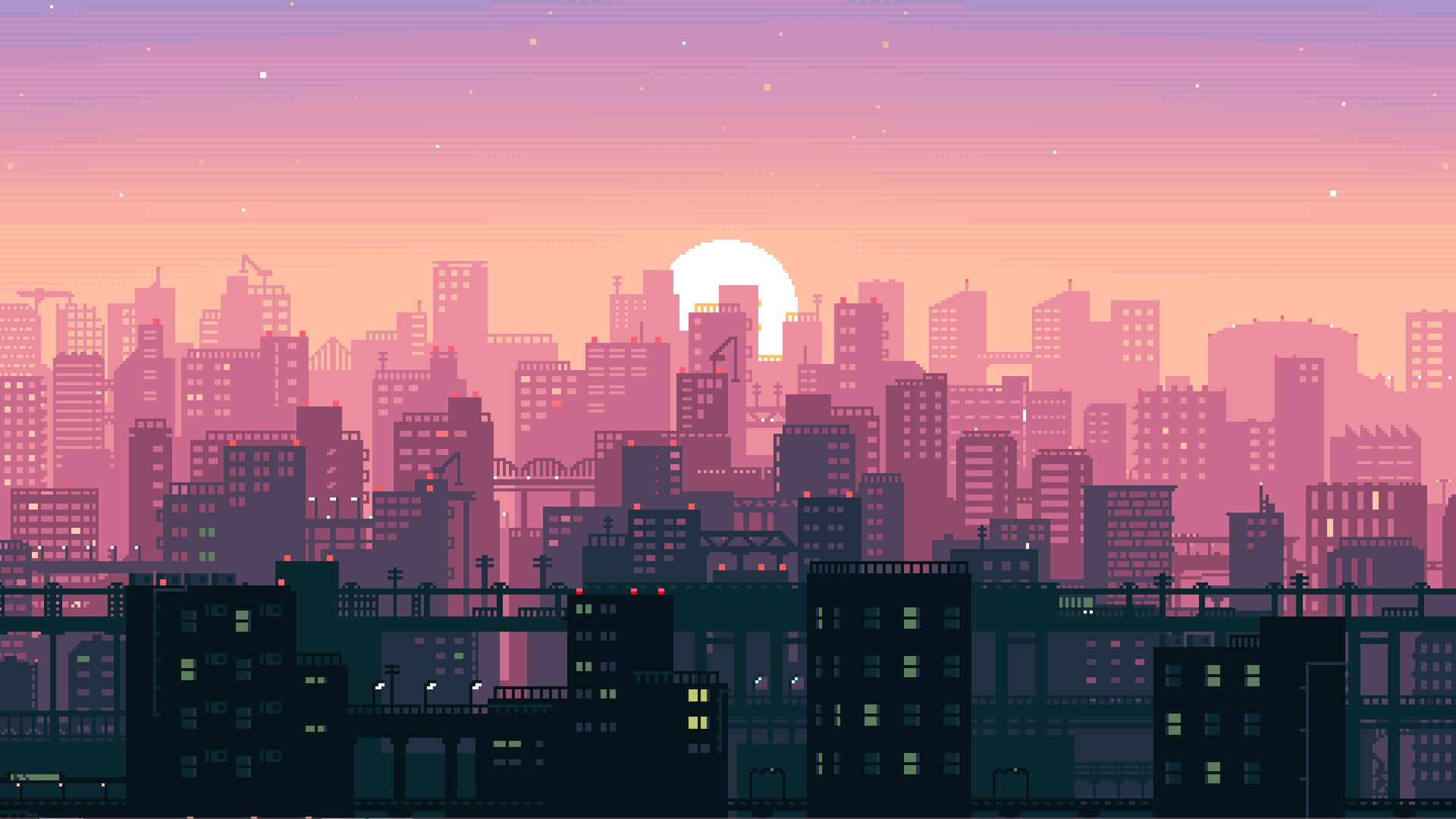 Pink Pixel Art, cityscape, sunset, Full HD Desktop Wallpaper