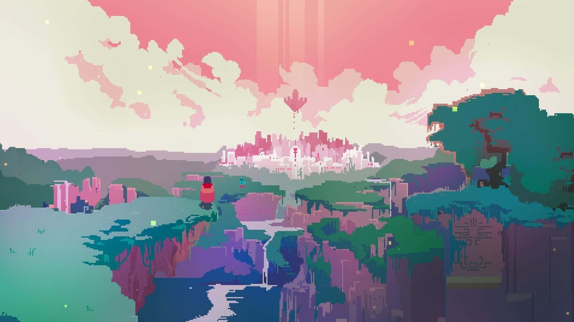 Pink Pixel Art, pixel-art explorer, cliff, HD Desktop Wallpaper