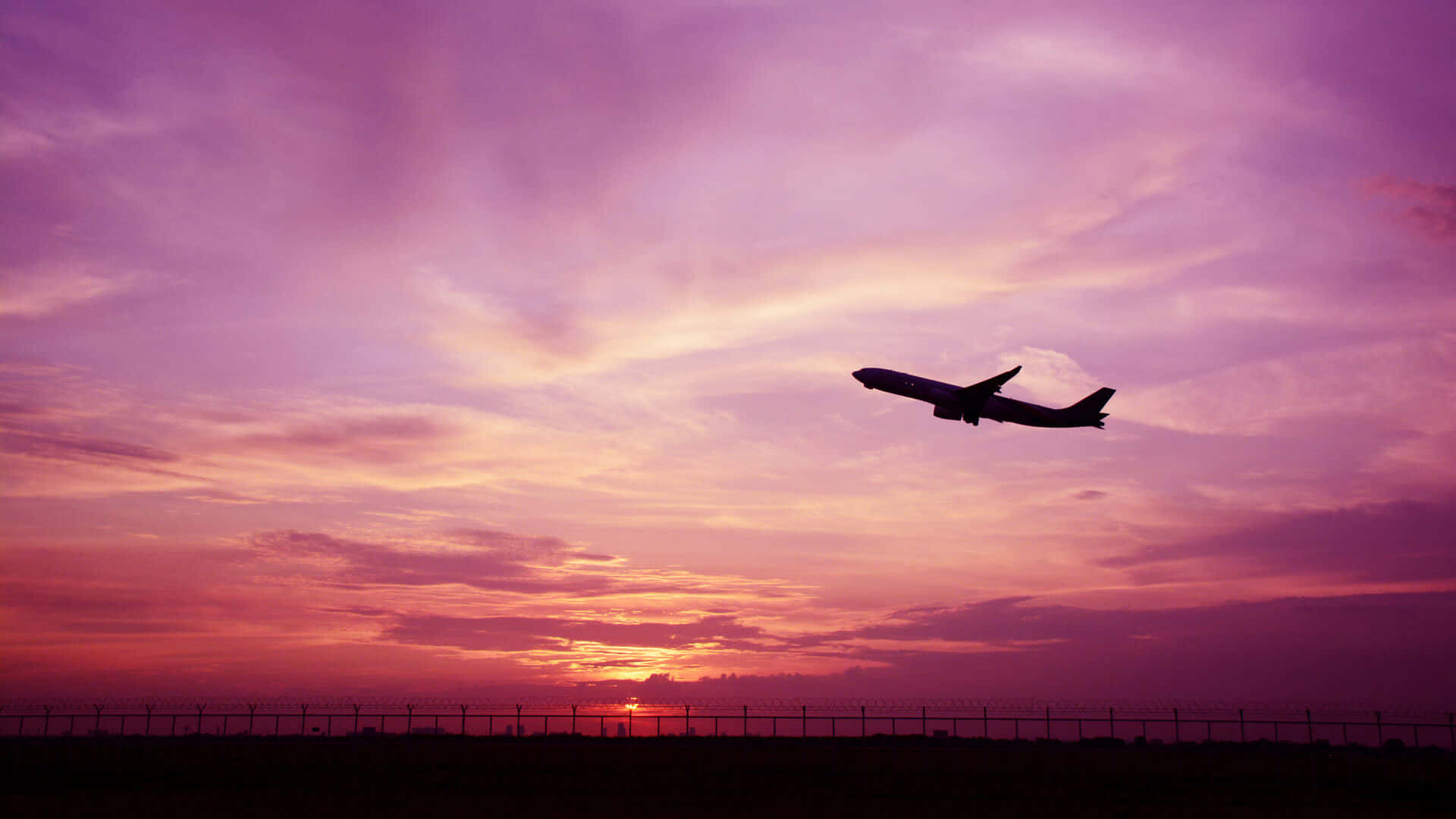 pink plane, airplane silhouette, vibrant purple and orange sunset sky, Full HD Desktop Wallpaper