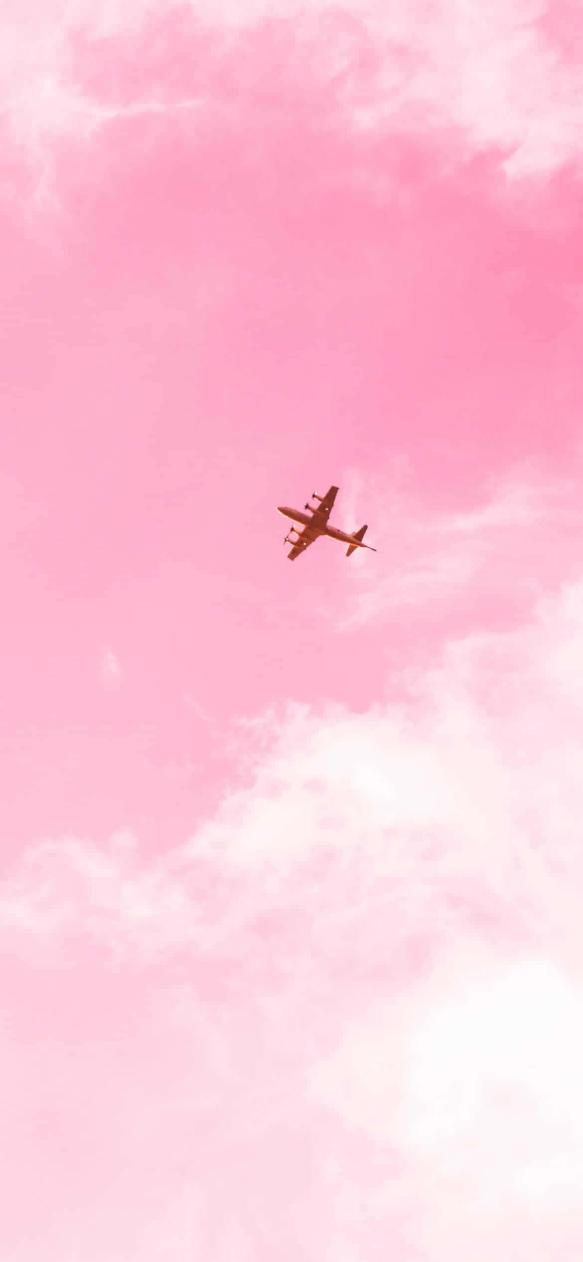 Pink Plane, dreamy pink sky, soft white clouds, Full HD Phone Wallpaper