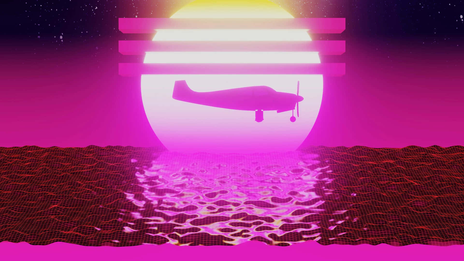Pink Plane, retrofuturistic airplane, glowing pink sun, Full HD Desktop Wallpaper