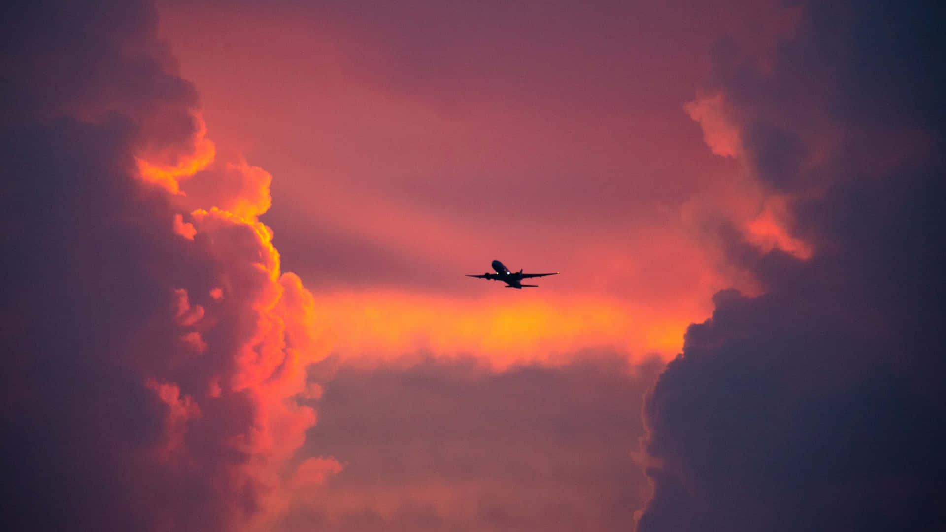 Pink Plane, sunset, fiery orange, Full HD Desktop Wallpaper
