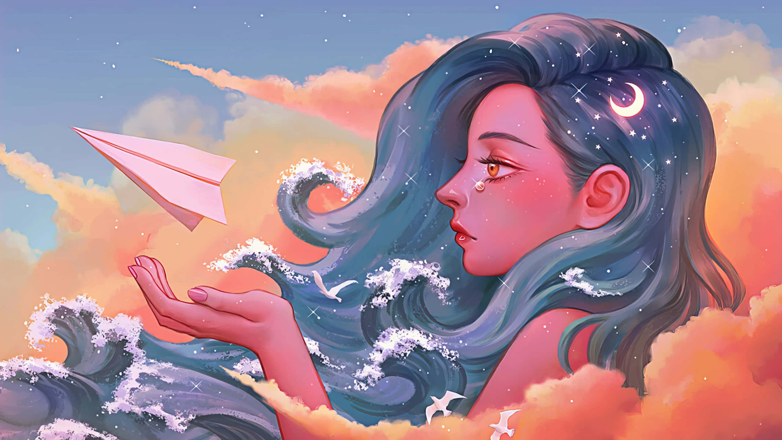 pink plane, sunset sky, starry hair, 2K Desktop Wallpaper