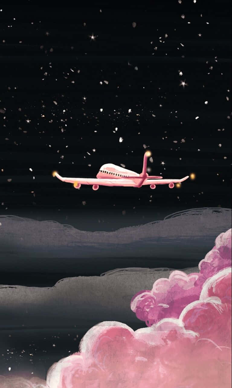 pink airplane, starry night sky, pink clouds, HD Phone Wallpaper