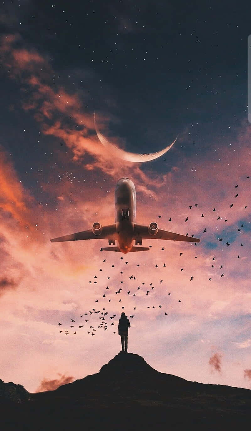 Pink Plane, crescent moon, starry twilight sky, HD Phone Wallpaper