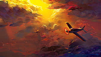 pink plane, vintage airplane, fiery orange and golden clouds, SD Desktop Wallpaper