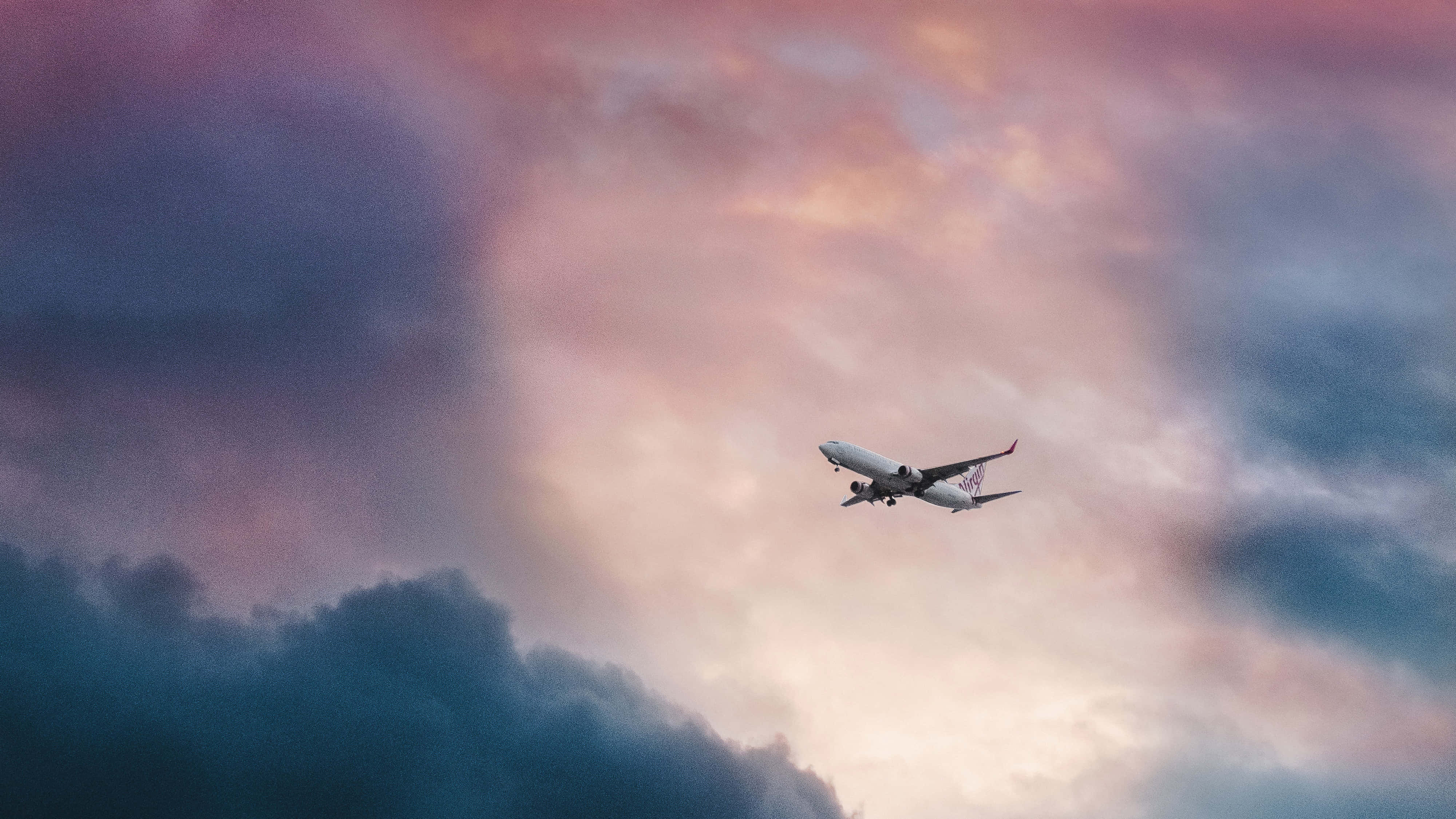 Pink Plane, commercial airplane, pink purple and blue clouds, 4K Desktop Wallpaper