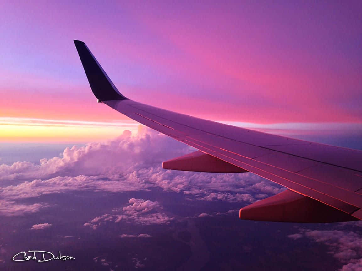 Pink Plane, vibrant pink purple sunset, aircraft wing, SD Desktop Wallpaper