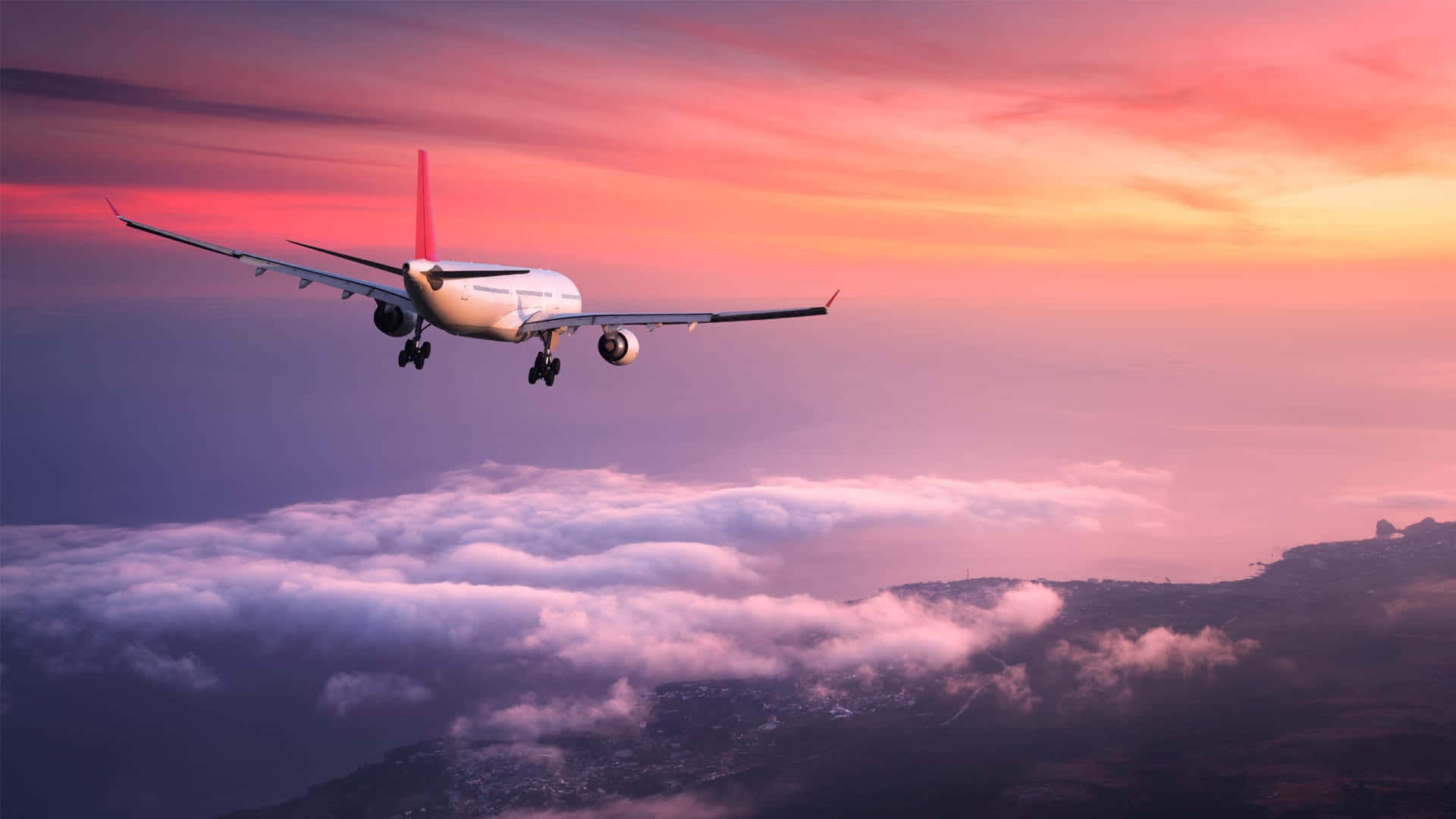 pink plane, passenger plane, vibrant pink and orange sunset, Full HD Desktop Wallpaper