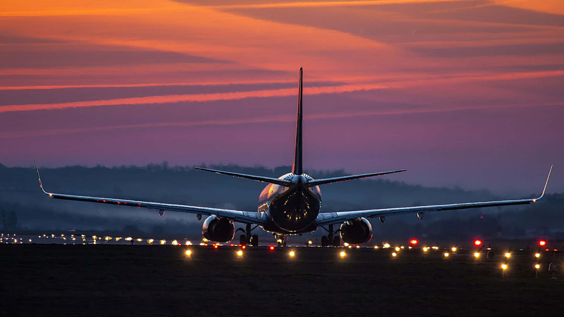 pink plane, dusk, runway, Full HD Desktop Wallpaper