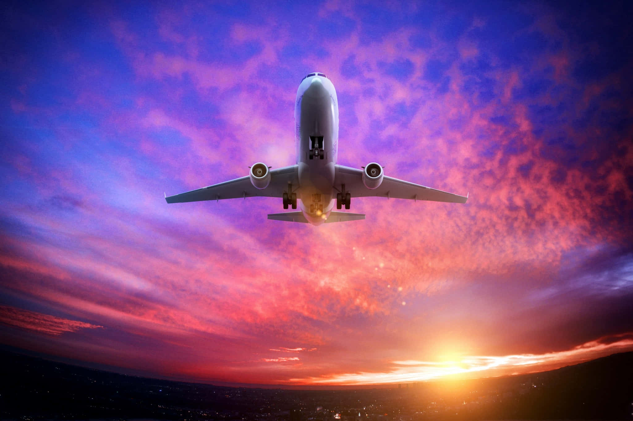 Pink Plane, commercial airplane, fiery sunset hues, Full HD Desktop Wallpaper