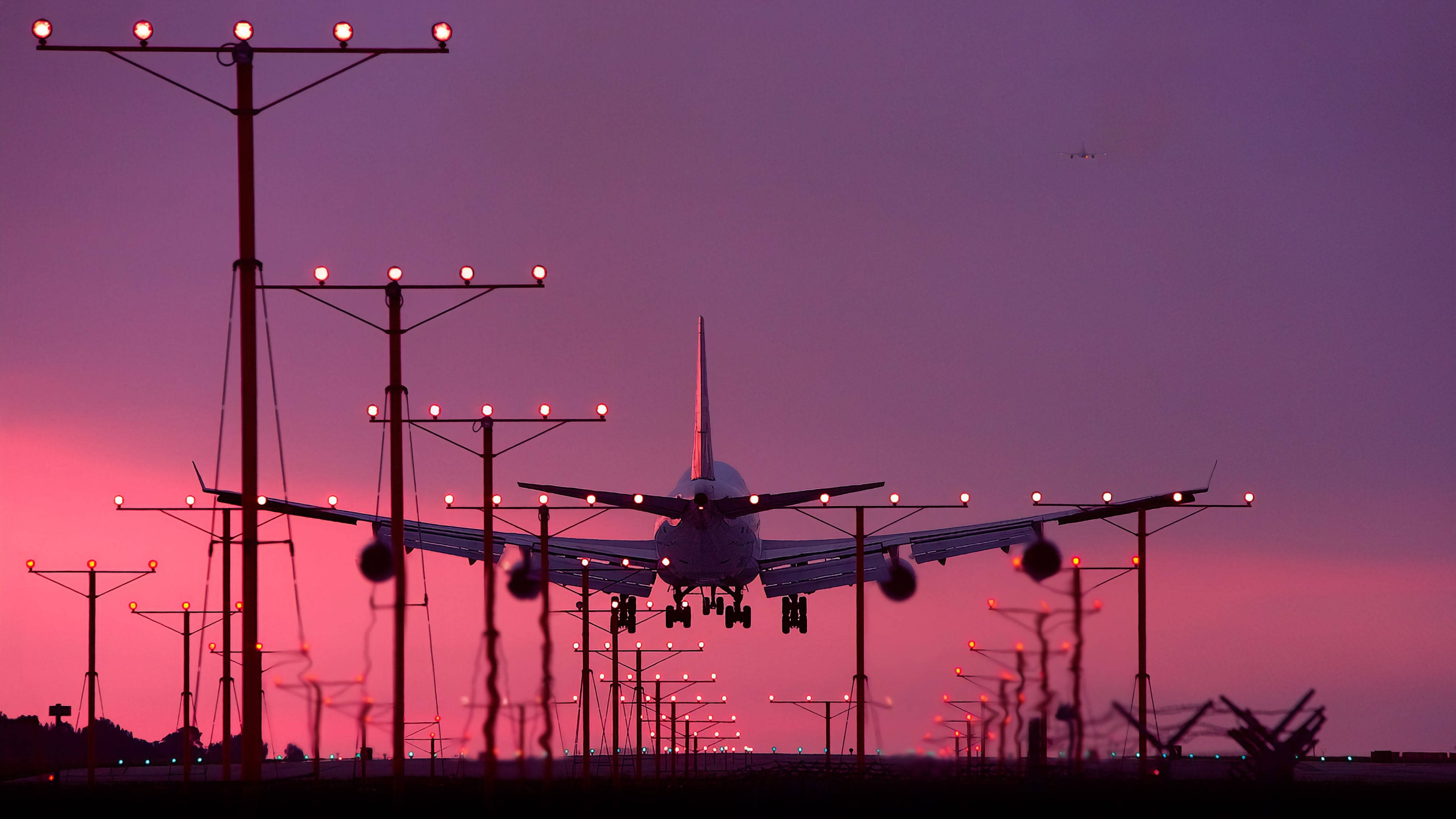 commercial airplane, runway lights, vibrant pink and purple twilight sky, 4K Desktop Wallpaper