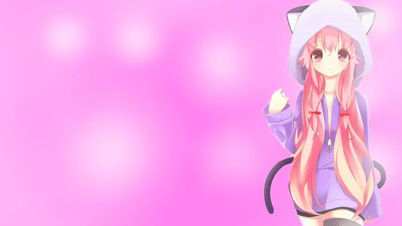 pink hair, cat ears, purple hoodie, HD Desktop Wallpaper