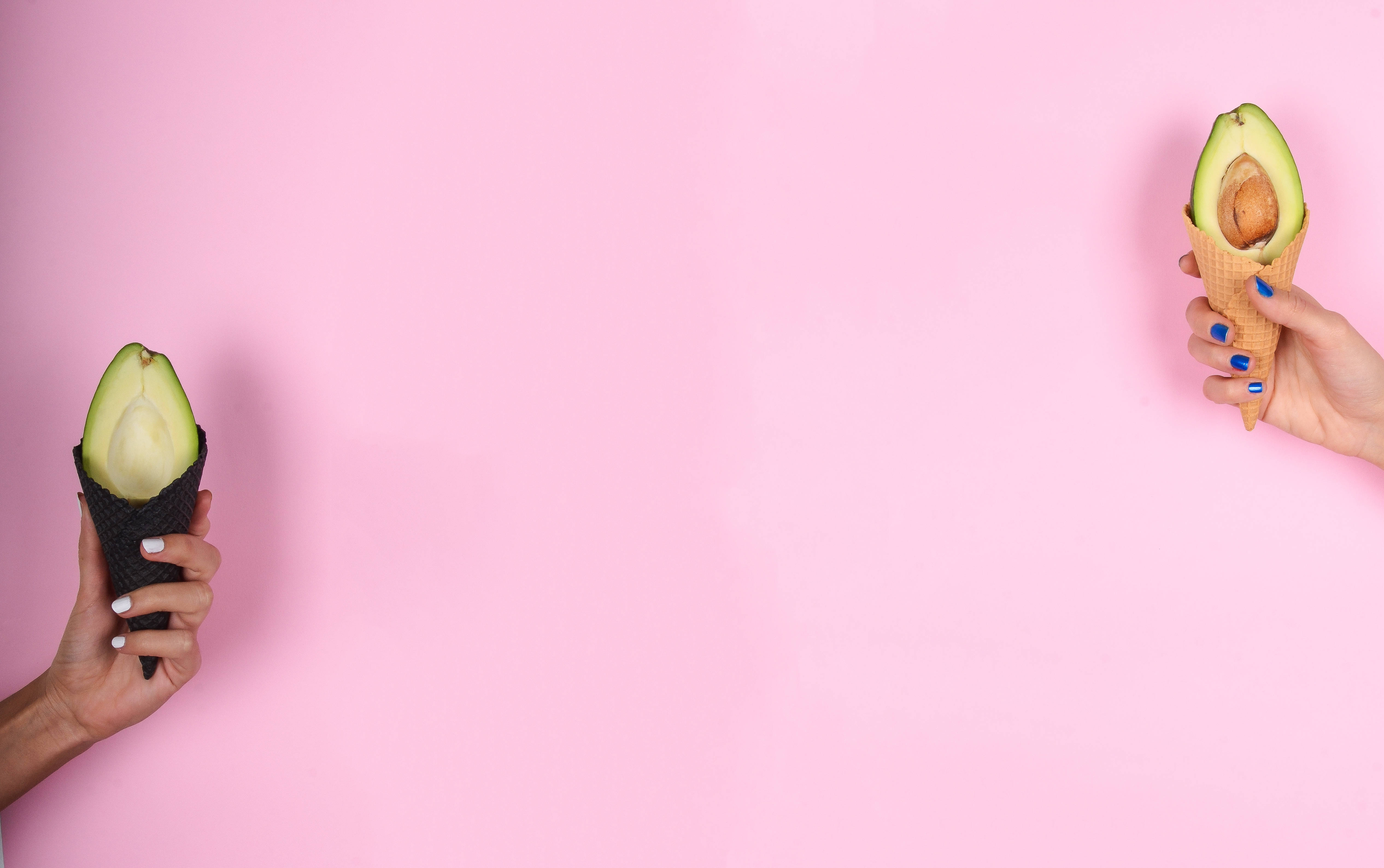 avocado halves, ice cream cones, kawaii pink wall, 4K Desktop Wallpaper