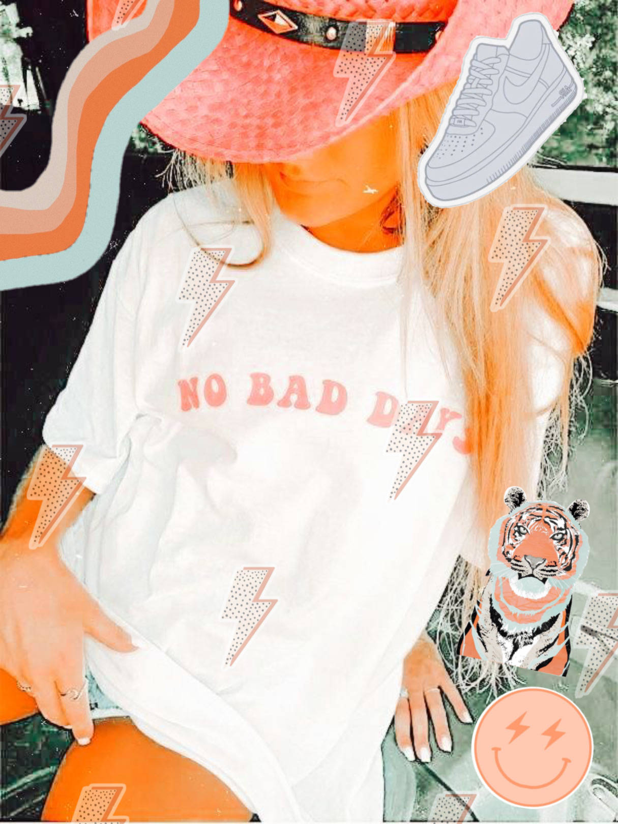 pink hat, white 'NO BAD DAYS' tee, tiger sticker, HD Phone Wallpaper