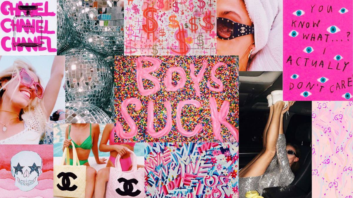Pink Preppy, glittery disco balls, bold pink text art, SD Desktop Wallpaper