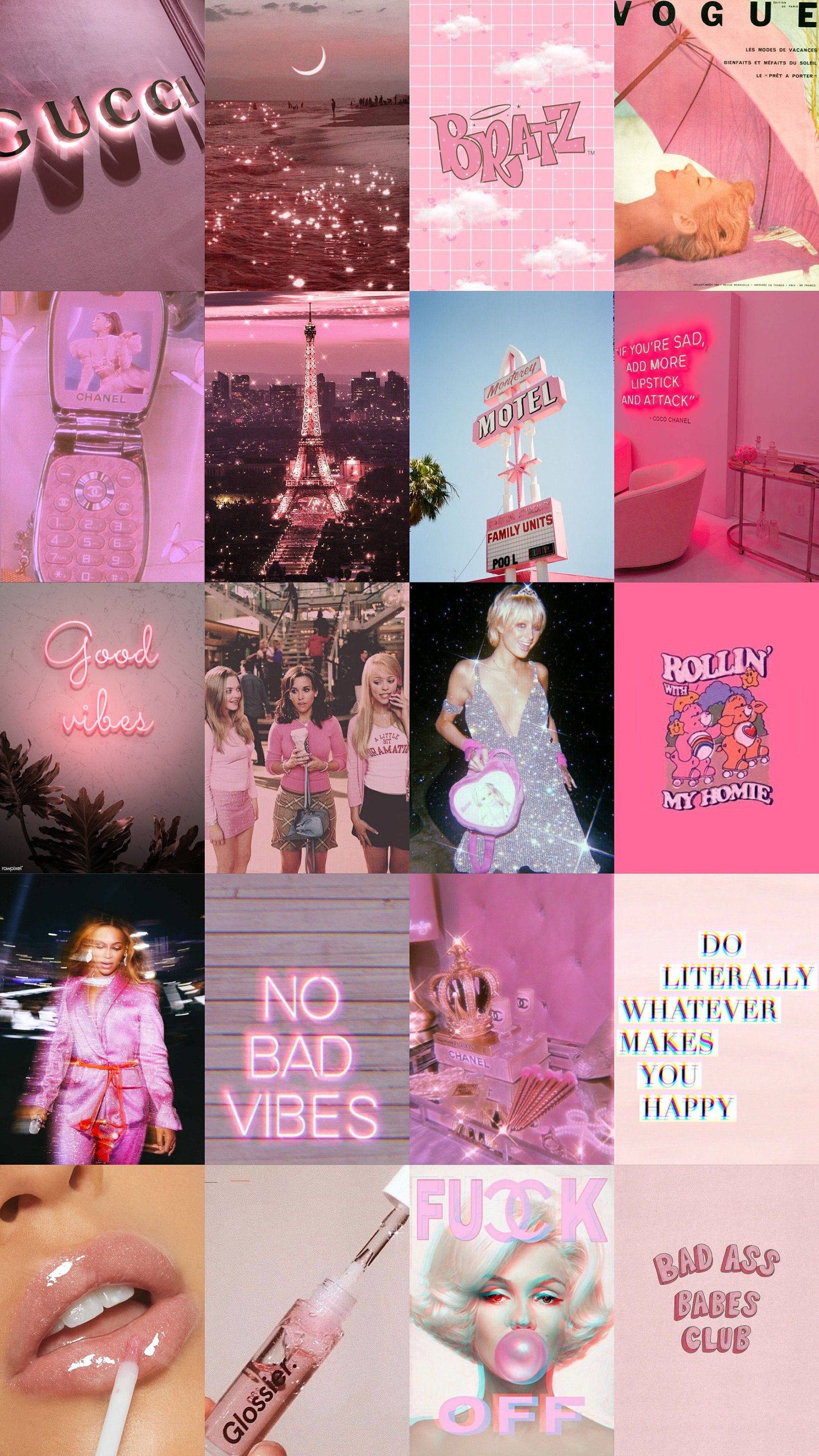 Neon Pink, girly collage, fashion icons, 2K Phone Wallpaper