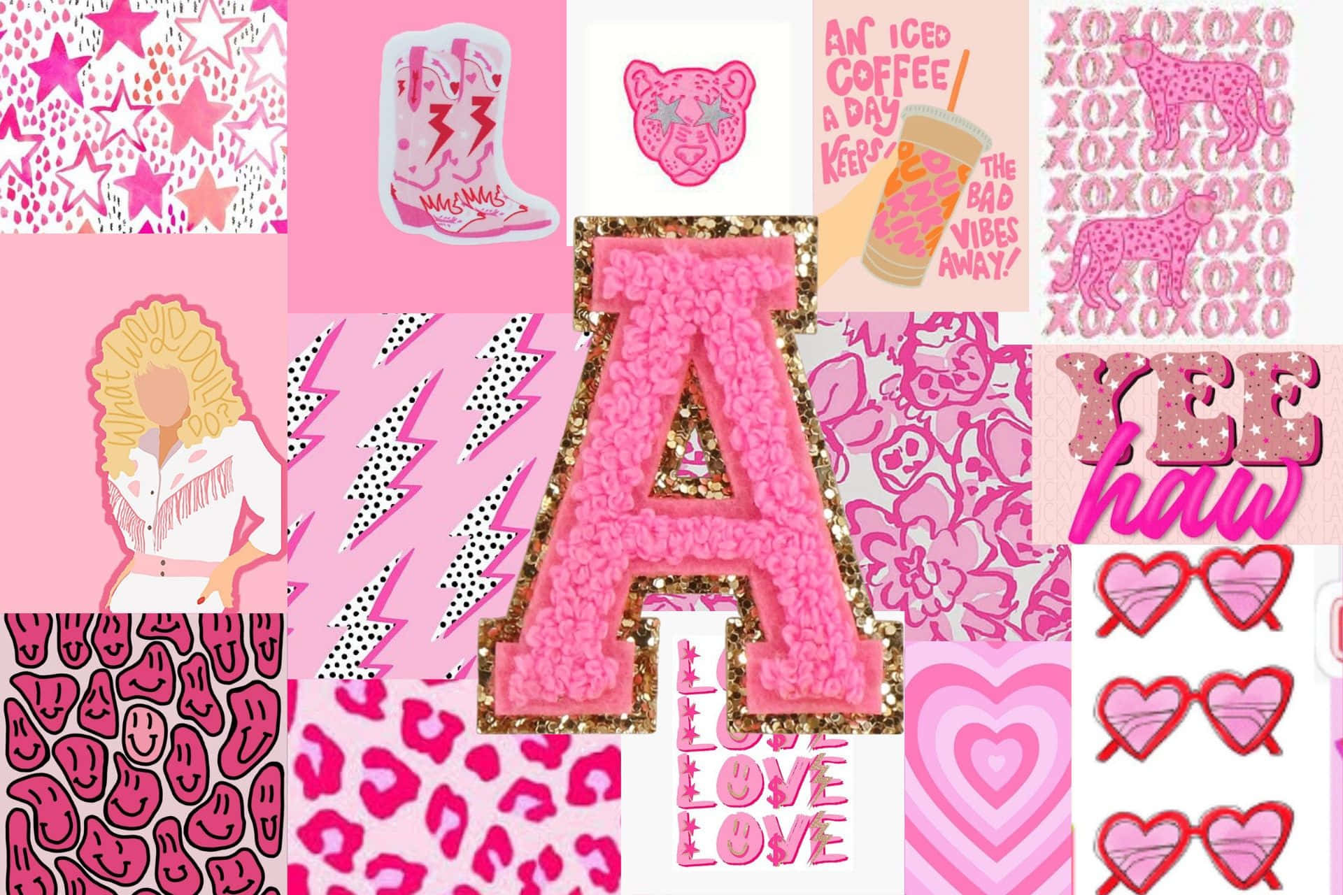 Preppy Pink Collage Aesthetic, glittery letter A, leopard prints, Full HD Desktop Wallpaper