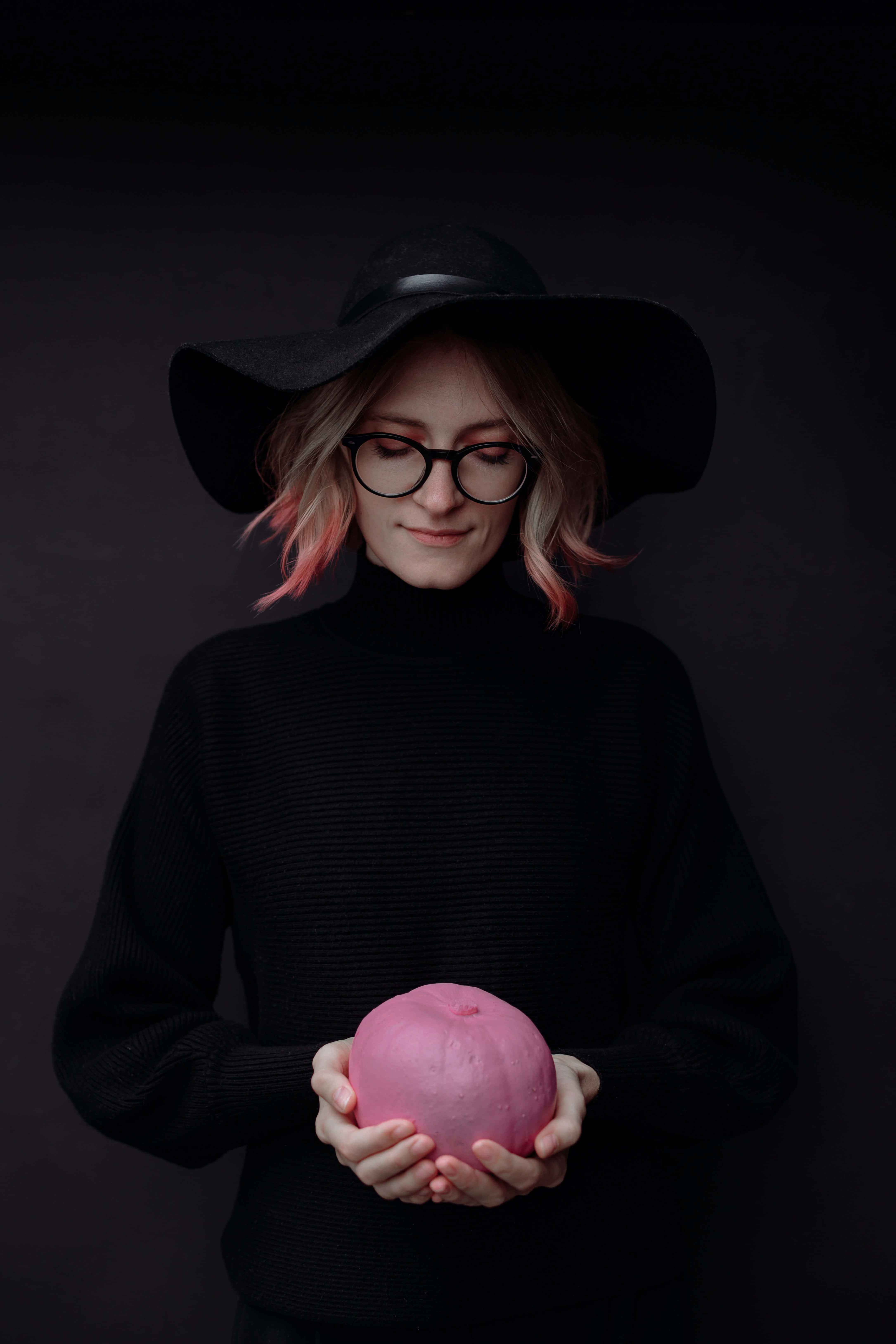 Pink Pumpkin, glowing pink orb, black hat, 5K Phone Wallpaper