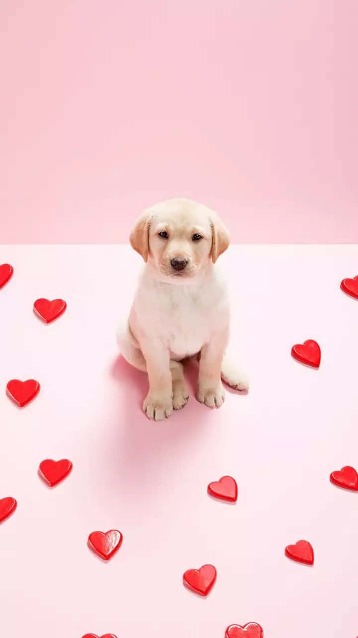 pink puppies, fluffy yellow lab puppy, red hearts, HD Phone Wallpaper