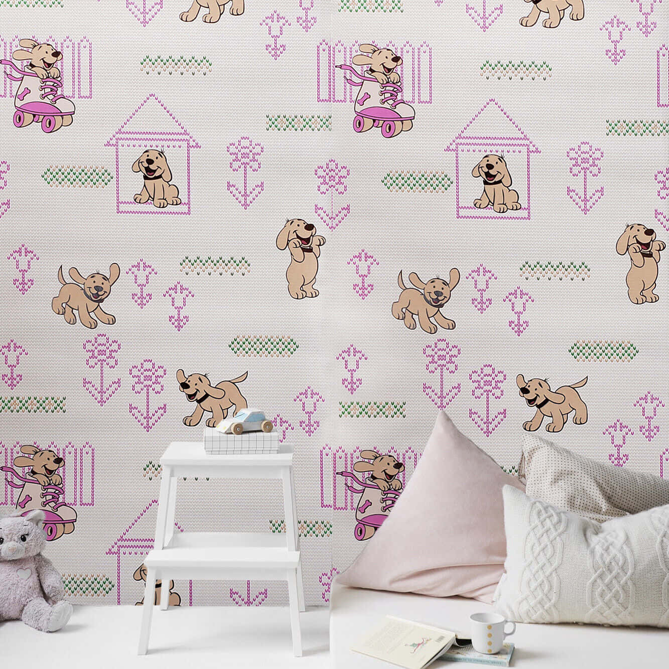 pink puppies, child's room, embroidered-style puppies, HD Desktop Wallpaper