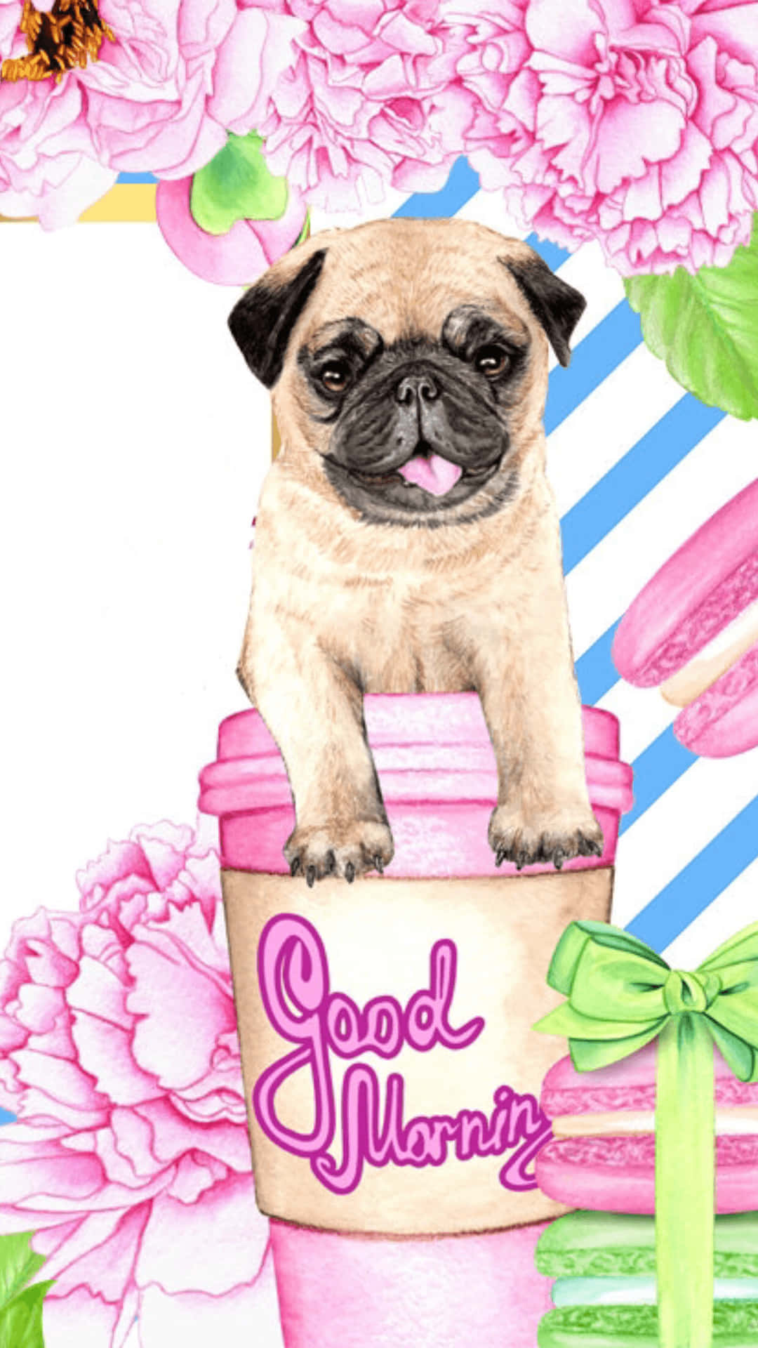 pink puppies, pug puppy, pink coffee cup, Full HD Phone Wallpaper