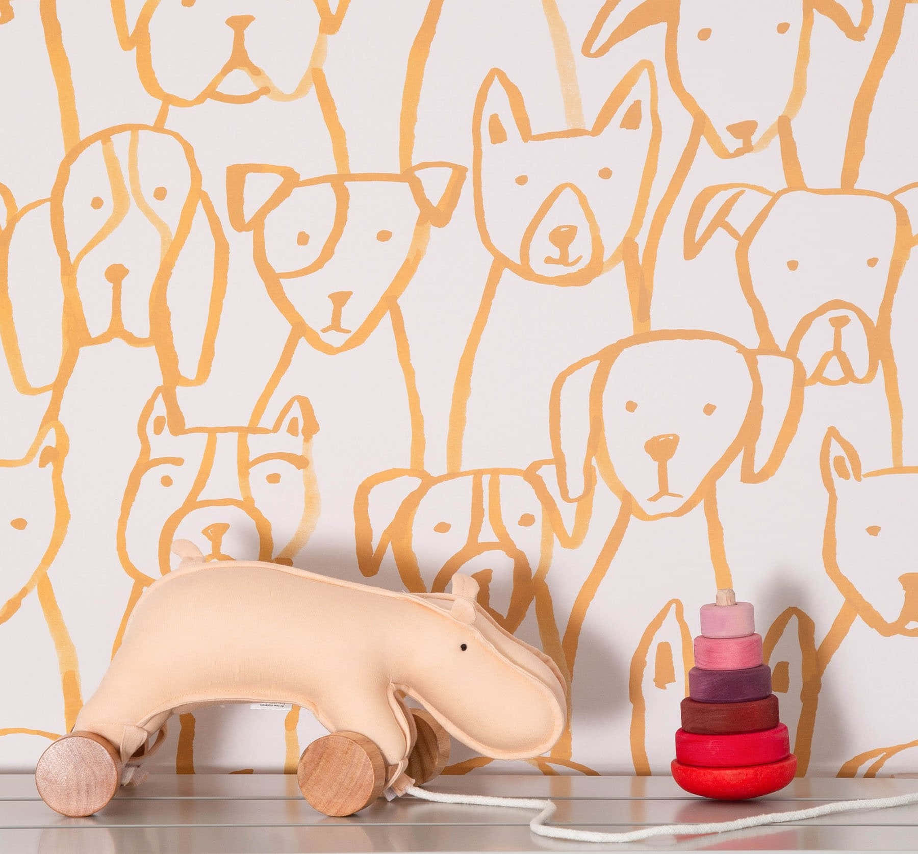 pink puppies, wooden toy horse, colorful stacking rings, HD Desktop Wallpaper