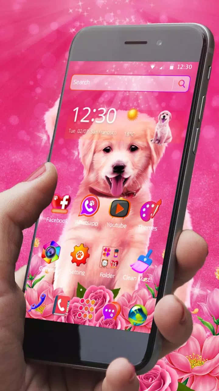 pink phone, golden retriever puppy, roses, HD Phone Wallpaper