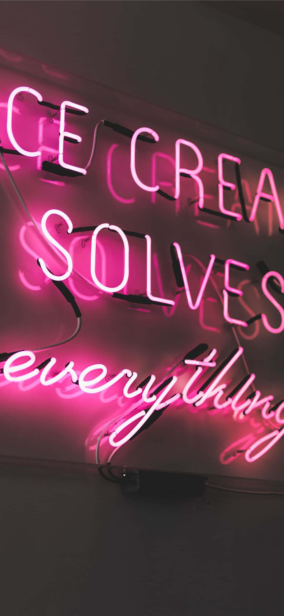 pink neon sign, ice cream solves everything, dark wall, Full HD Phone Wallpaper
