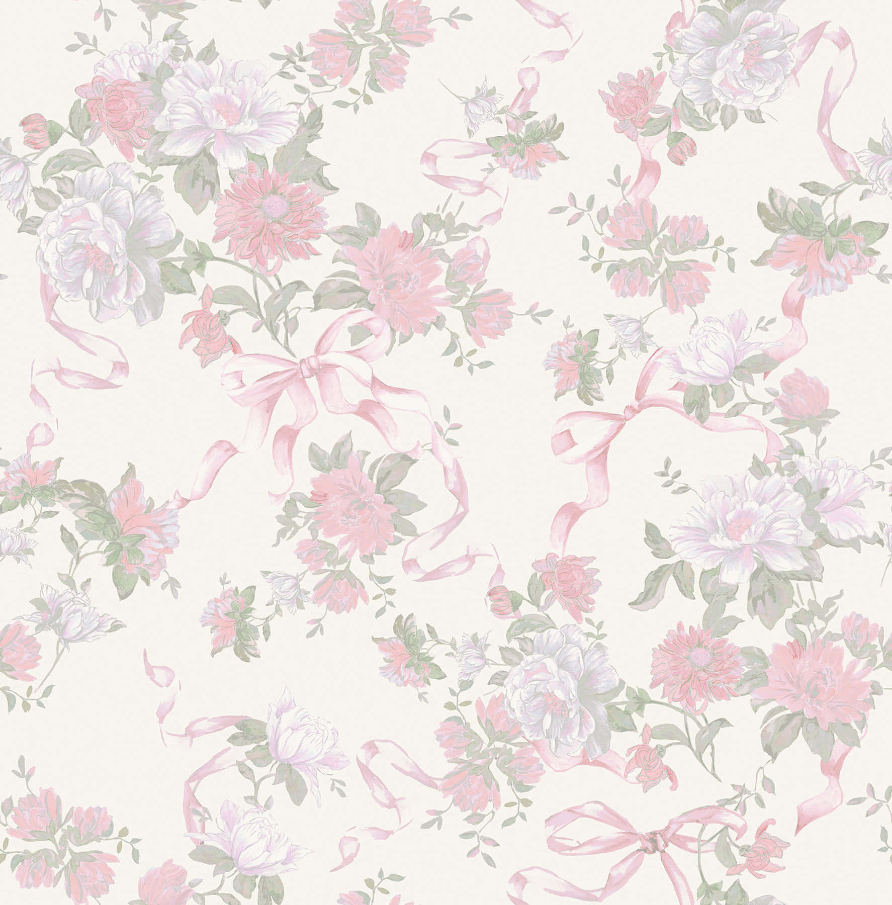 pink floral pattern, ribbons, soft pink peonies, HD Phone Wallpaper