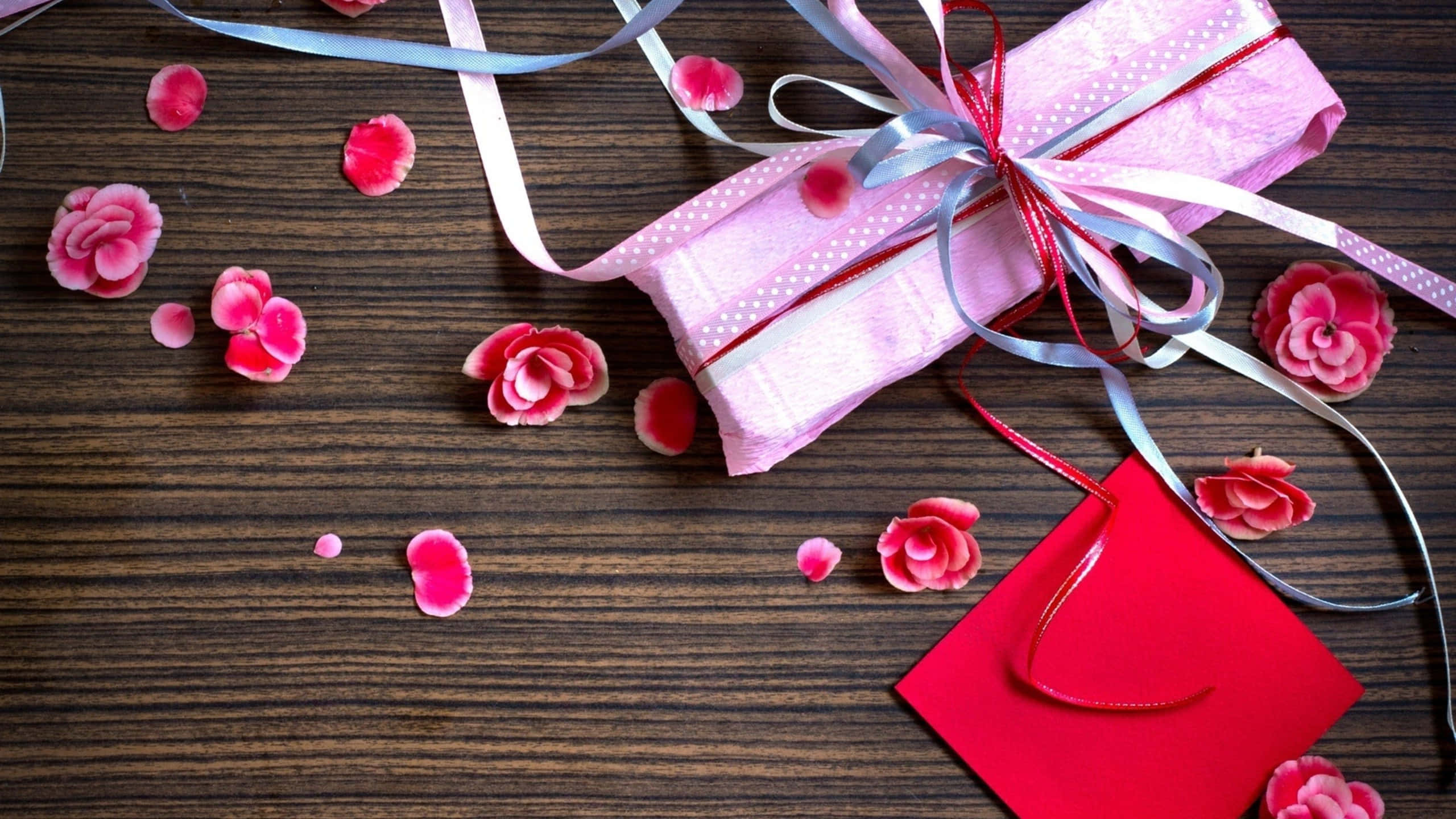 pink ribbon, polka dot paper, silver ribbon, 2K Desktop Wallpaper