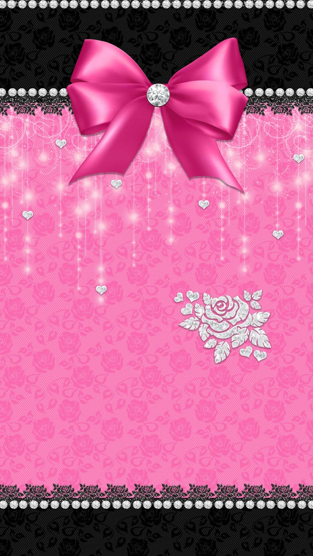 Pink Ribbon, satin bow, sparkling hearts, Full HD Phone Wallpaper
