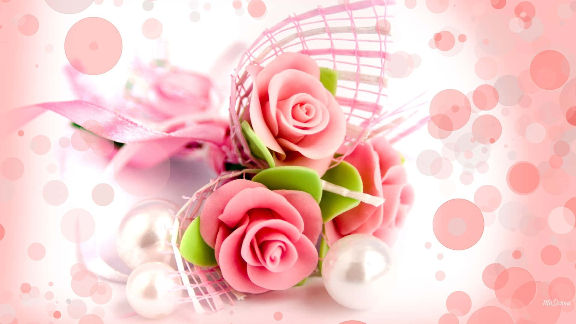 Pink Ribbon, soft pink roses, green leaves, Full HD Desktop Wallpaper