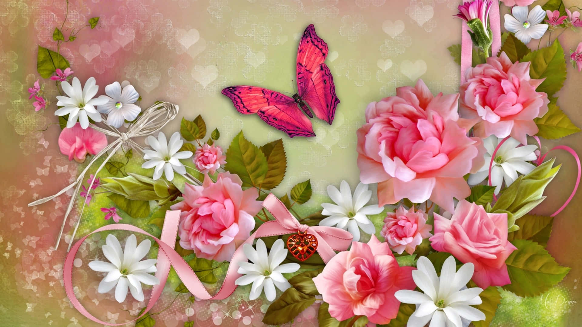 pink roses, white daisies, magenta butterfly, Full HD Desktop Wallpaper