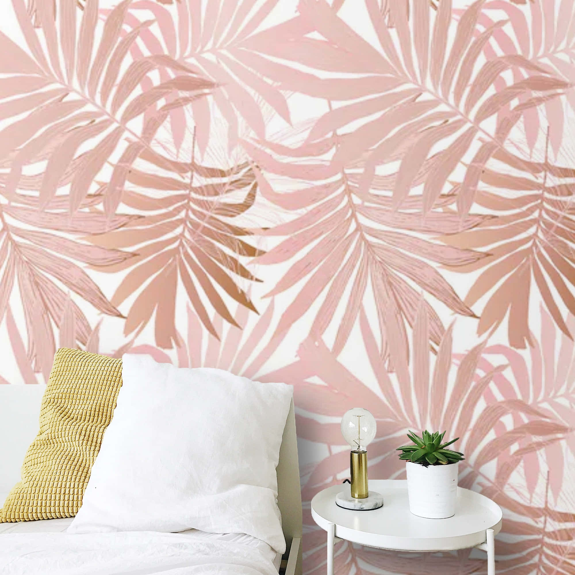 Pink Rose Gold, pink palm leaf wallpaper, white bed, Full HD Desktop Wallpaper