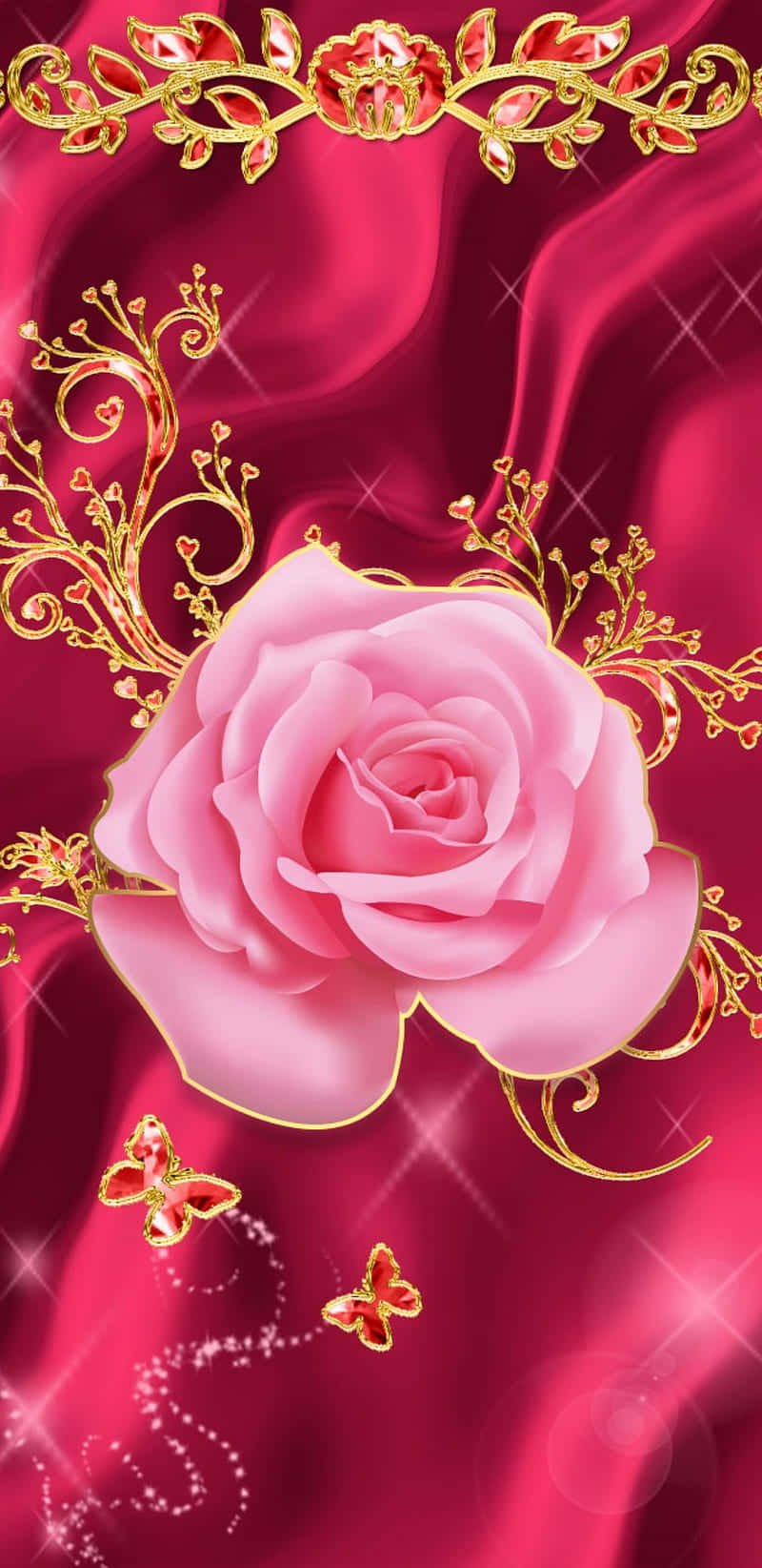 pink rose, golden filigree, butterflies, HD Phone Wallpaper