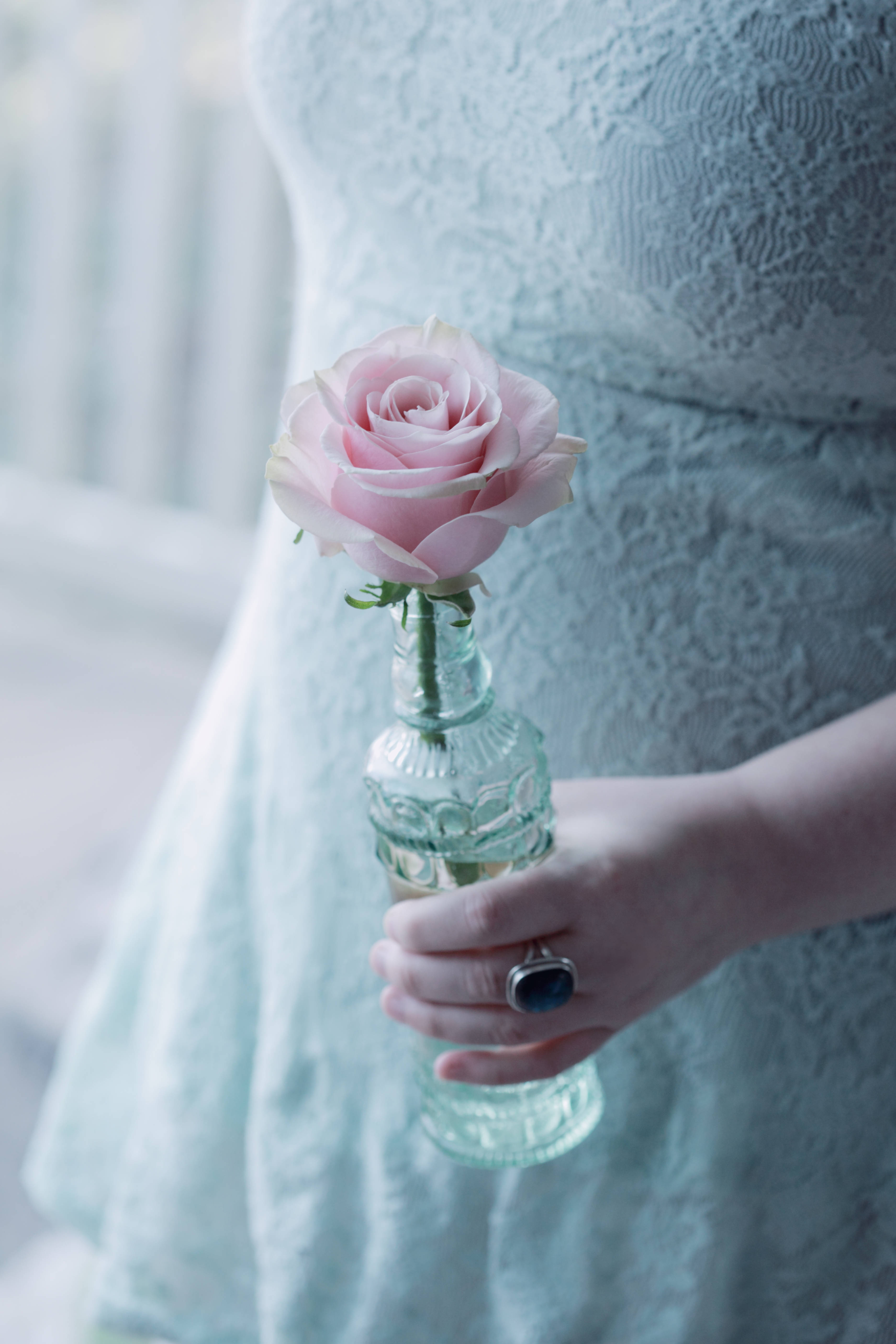 pink rose, vintage glass bottle, soft blue lace dress, 5K Phone Wallpaper