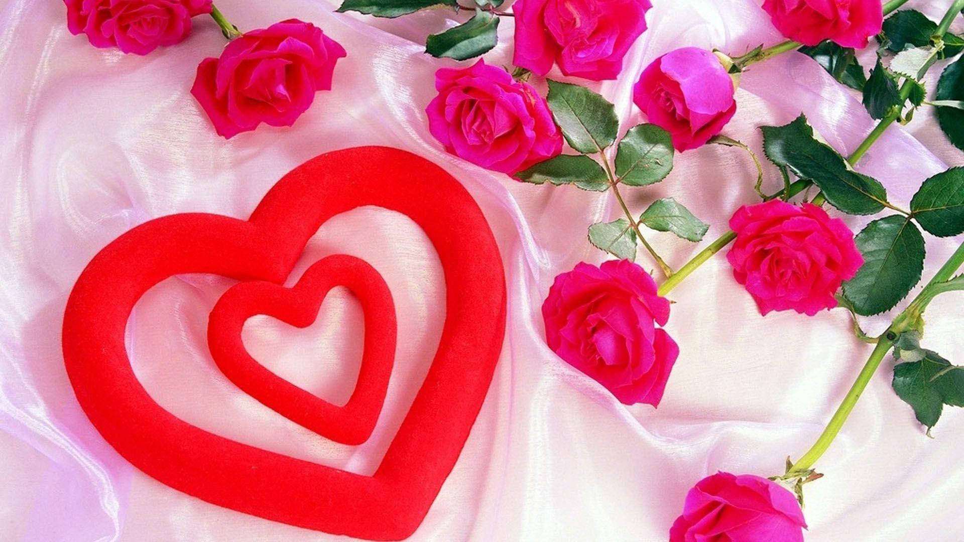 red hearts, soft pink fabric, vibrant pink roses, Full HD Desktop Wallpaper