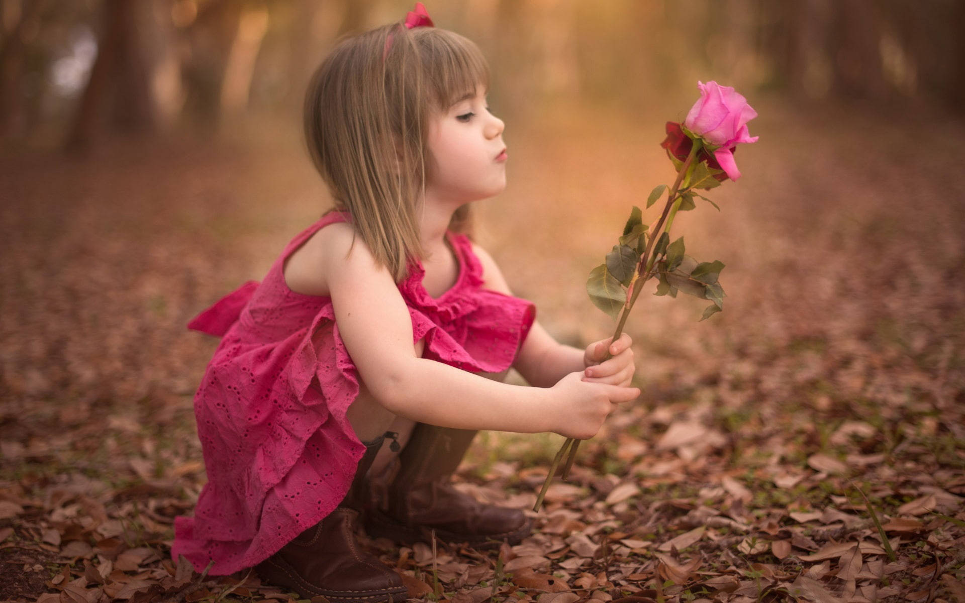 pink roses, little girl, pink dress, Full HD Desktop Wallpaper