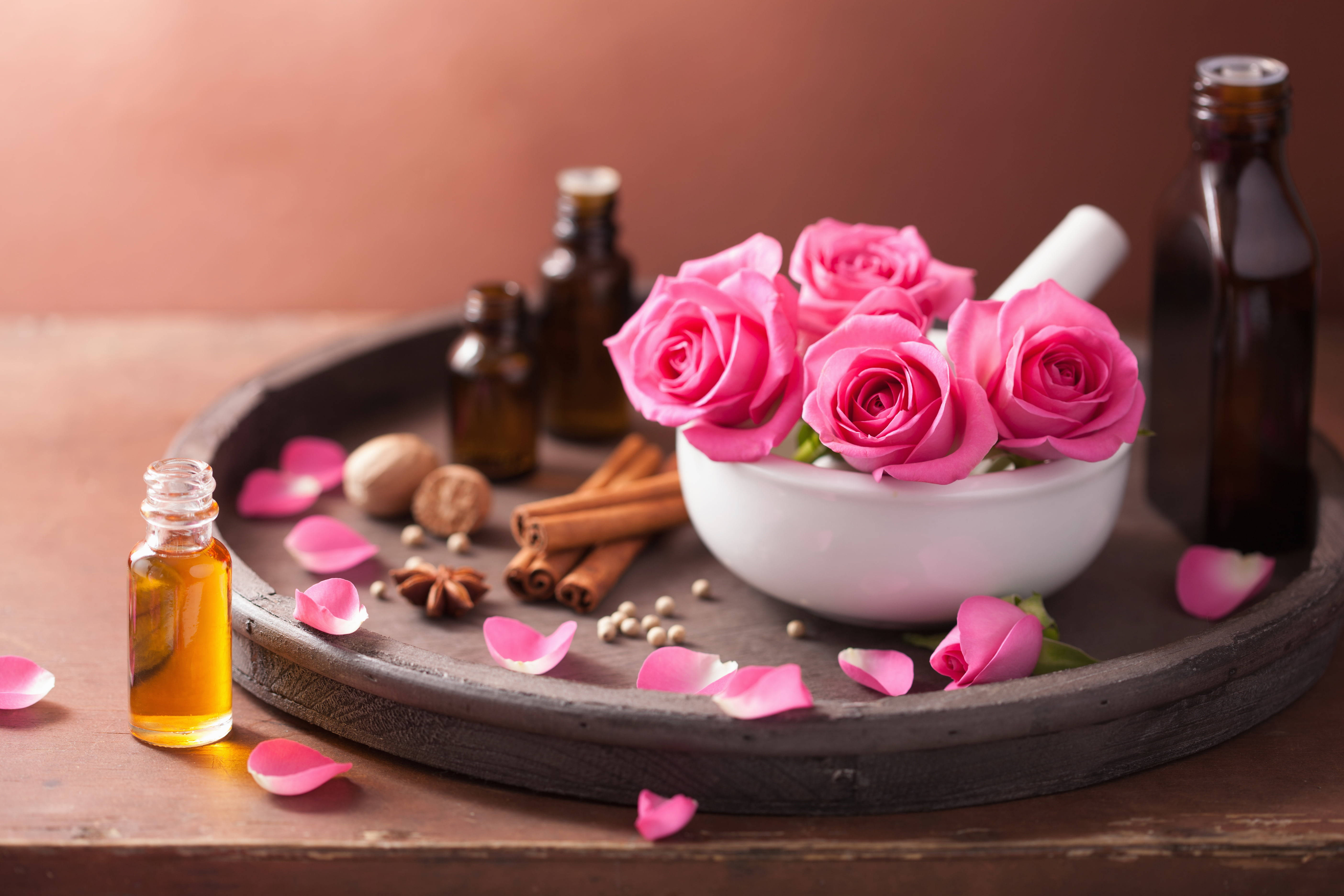 pink roses, white bowl, rustic wooden tray, 5K Desktop Wallpaper