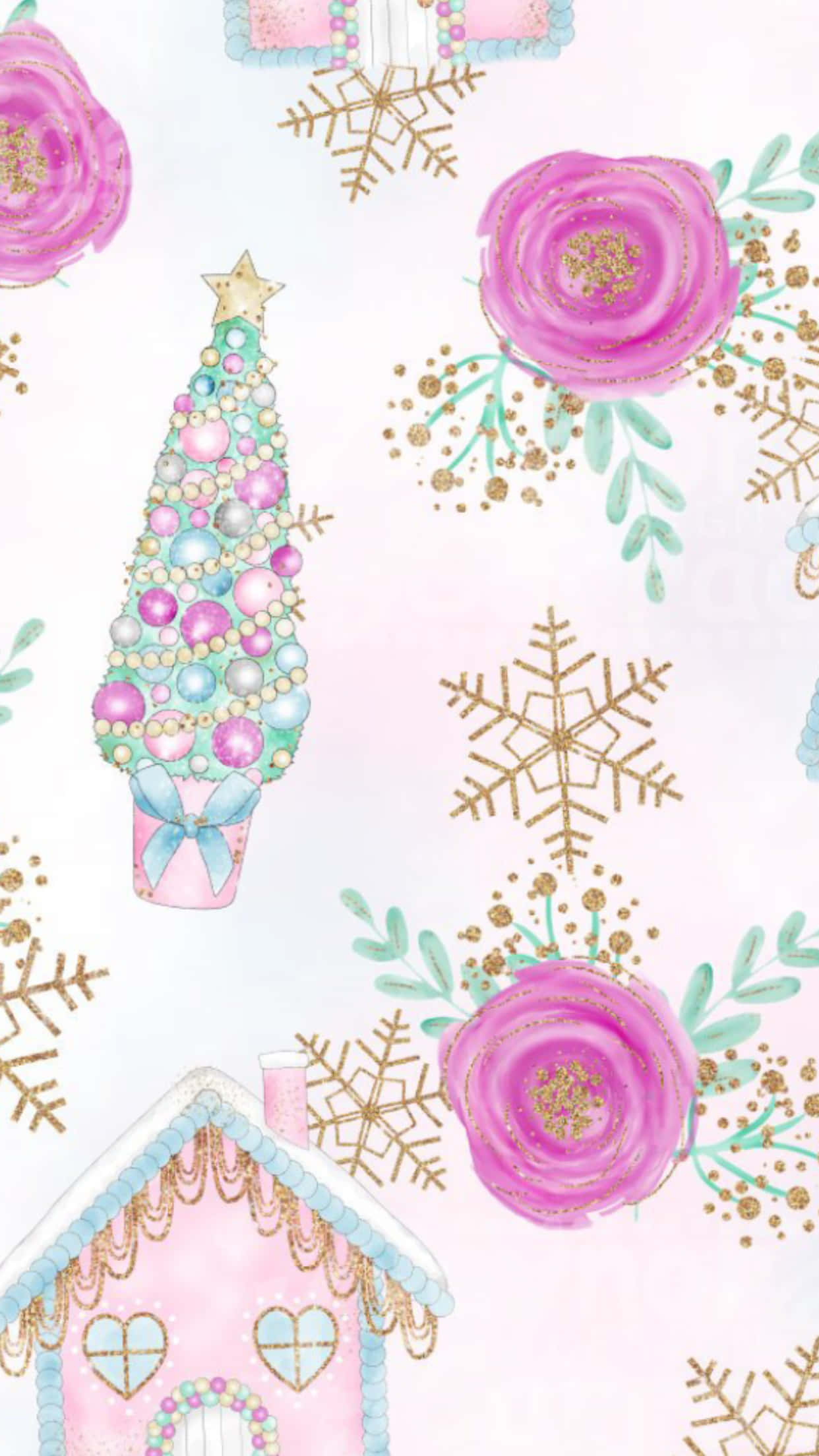 pink roses, gold snowflakes, decorated Christmas tree, Full HD Phone Wallpaper