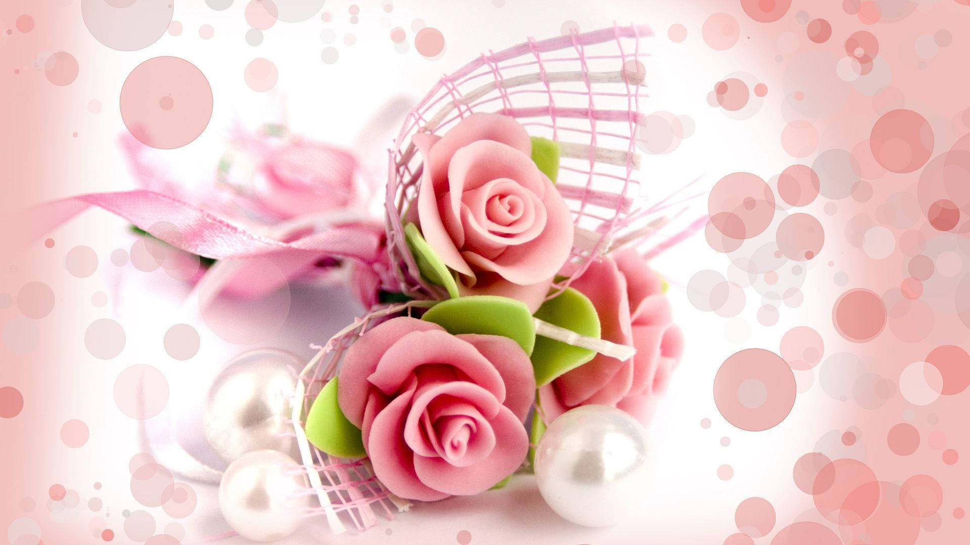 Pink Roses, pearls, delicate wire basket, Full HD Desktop Wallpaper
