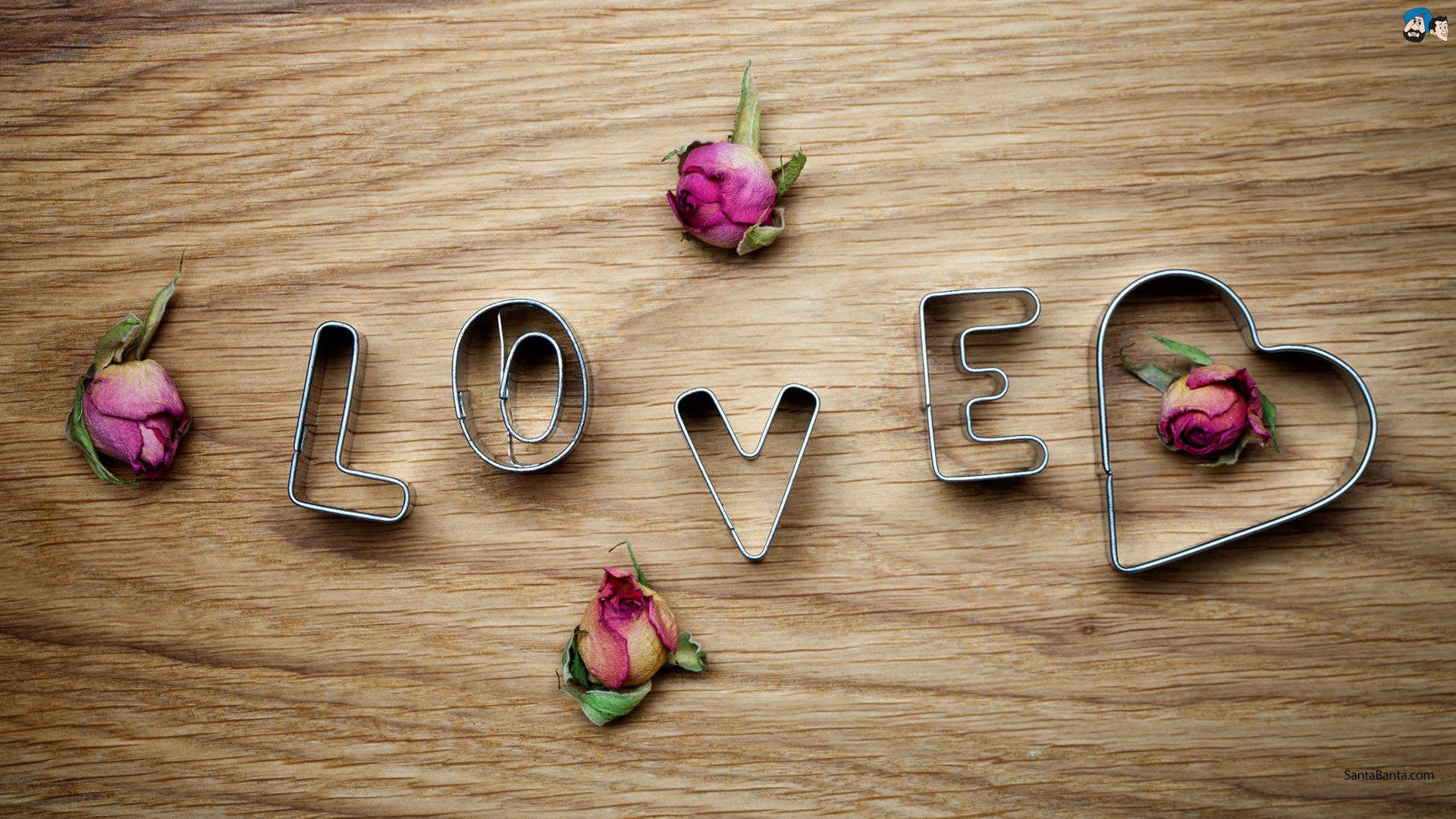 LOVED, pink roses, metal cookie cutters, Full HD Desktop Wallpaper