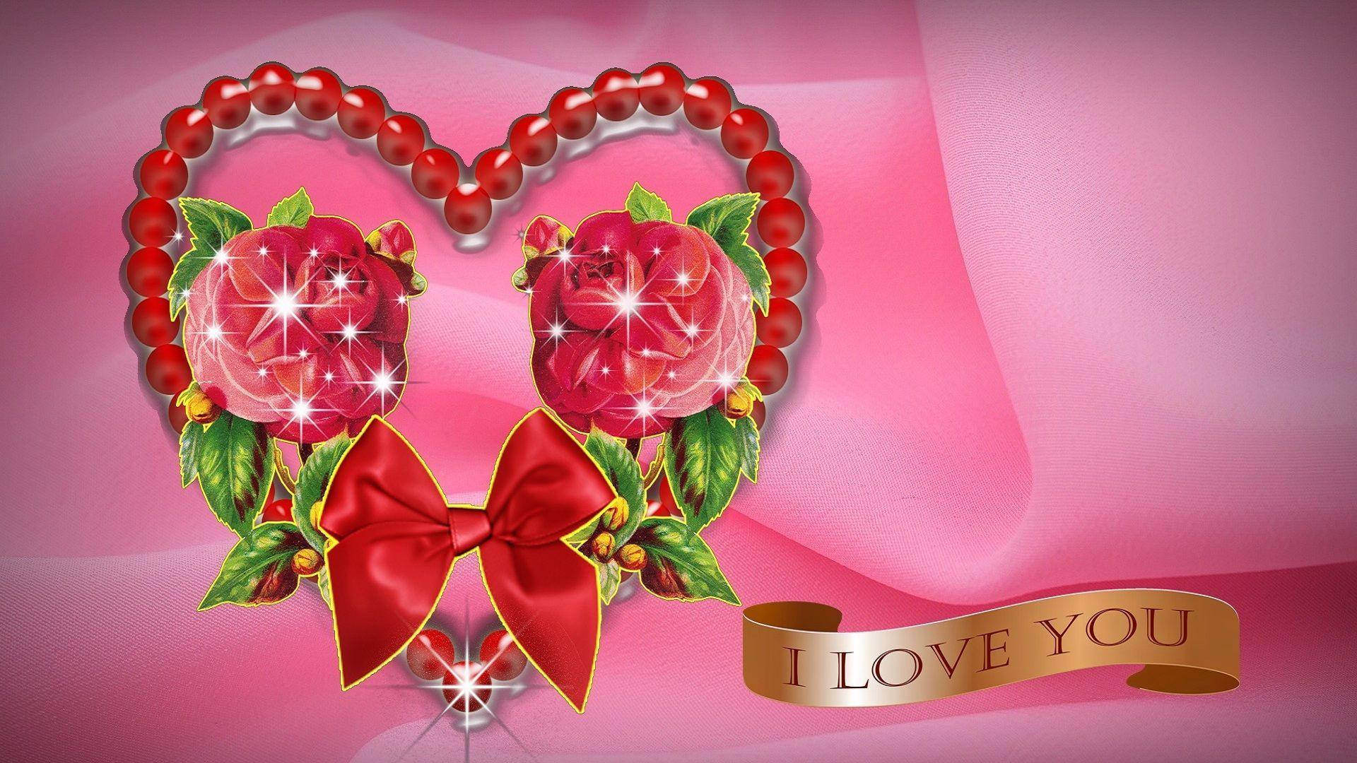 sparkling red roses, beaded heart, red bow, Full HD Desktop Wallpaper