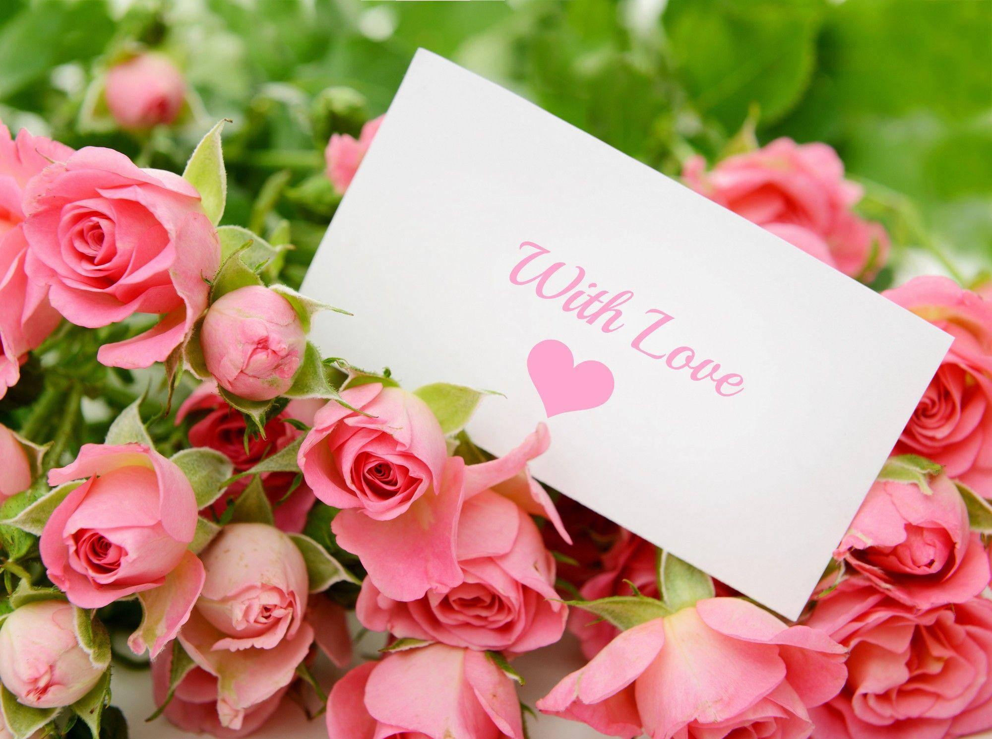 With Love Rose Card, pink cursive text, vibrant pink roses, Full HD Desktop Wallpaper